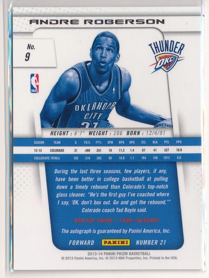 2013-2014 Panini Prizm Auto Andre Roberson #9 Rookie Auto RC OKC Thunder NBA - Image 2 of 2