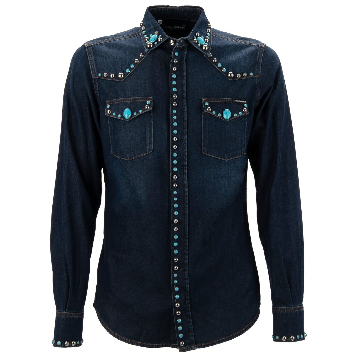 DOLCE & GABBANA Pearl Turquoise DG Leather Logo Denim Jeans Jacket Shirt Blue