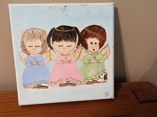 Three Angelic Children Prayer Square Canvas Print Pastel Glitter Nursery
