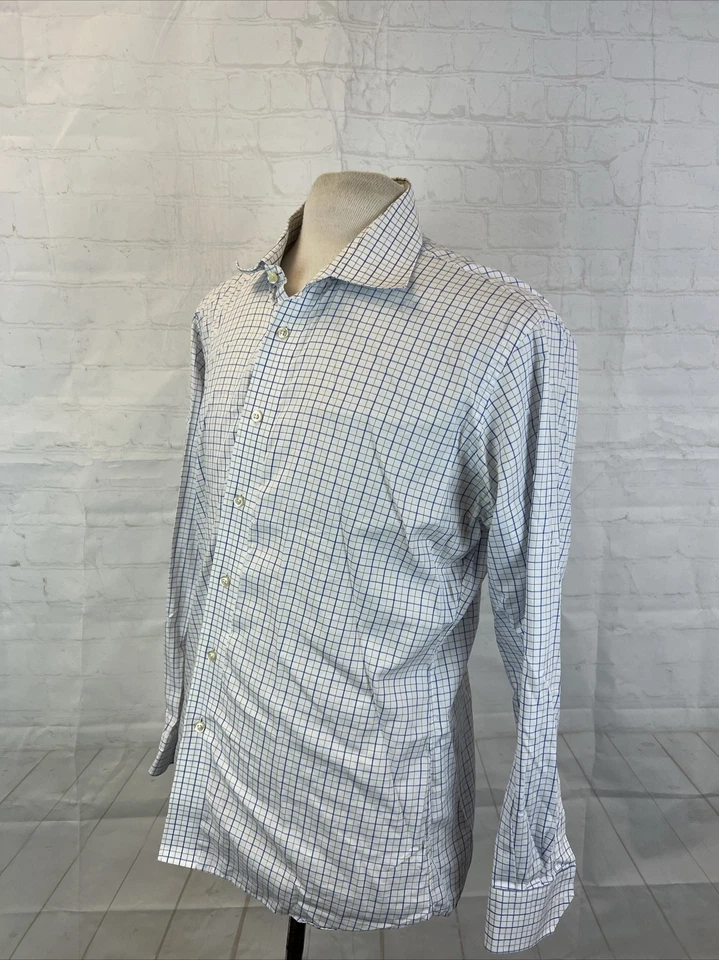 Tom James Men's White & Blue Plaid Dress Shirt 15.5 - 16 31/32 $158 - Image 3 of 4