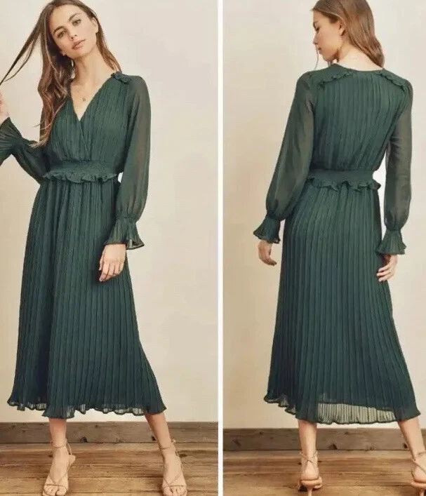 JAMILLA HUNTER GREEN CHIFFON PLEATED MIDI DRESS by Zara Size