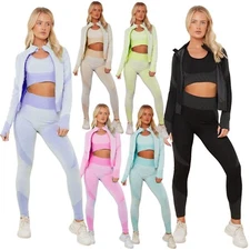 Ladies 3pcs Sports Bra Jacket Fitness High Waist Pants Yoga Gym Tracksuit Set