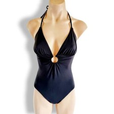Black bodysuit / one piece with silver metal o-ring deep plunge front