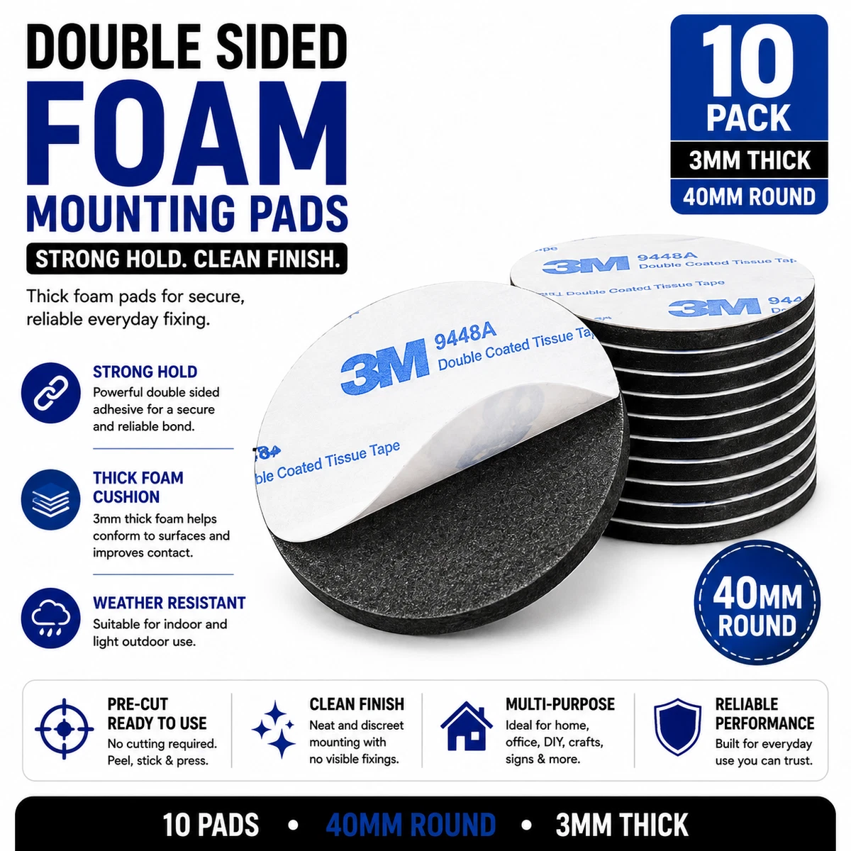 Almohadillas adhesivas de espuma de doble cara almohadillas de montaje adhesivas fuertes redondas 40 mm paquete de 10