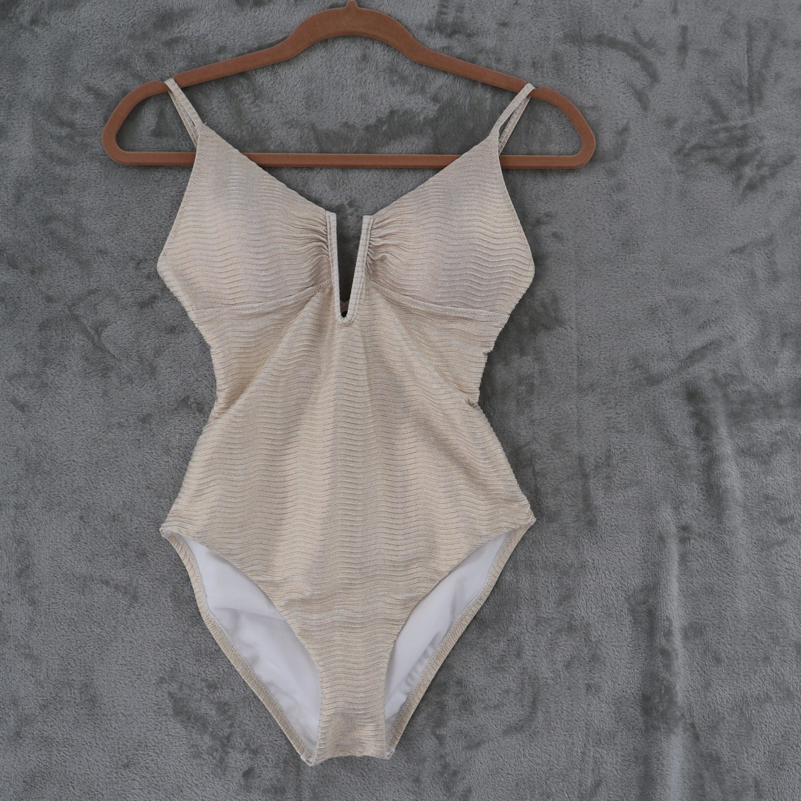 Bar III One Piece Swimsuit Women XS White Gold Metallic V-Neck Lace-Up $94 NWT