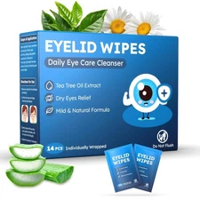 14PCS Tea Tree Oil Eyelid Wipes for Itchy & Dry Eyes, Pre-Moistened Wipes for St