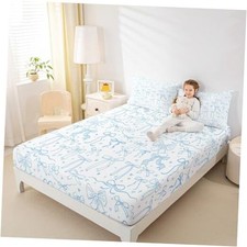 Twin Fitted Sheet Set 2 Pcs Cute Bowknot TWIN W39 L75 H16" Blue White