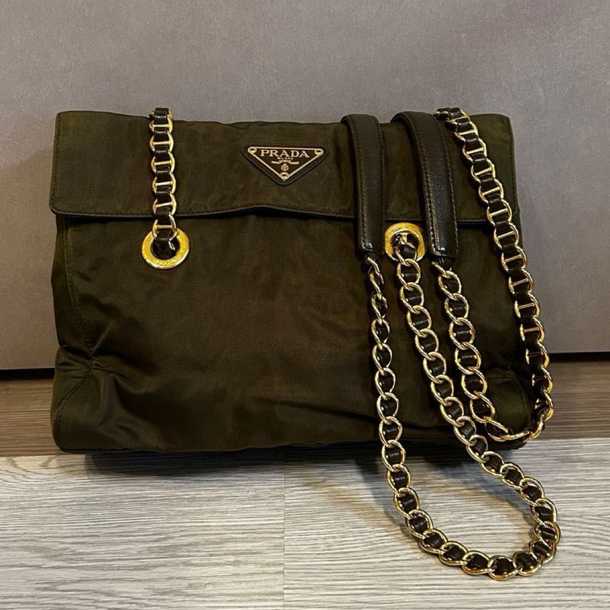 RARE PRADA khaki nylon chain shoulder bag in excellent condition