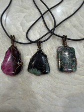 OOAK Handmade Copper Wire Wrapped Statement Stone Pendant Necklace Trio