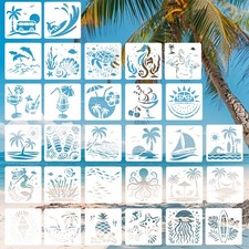 30pcs Summer Painting Stencils, 5x5in Reusable Ocean Beach 5x5in, white