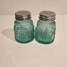 Green Glass Salt & Pepper Shakers Set of 2, Metal Lids, With Lid, Glass & Metal