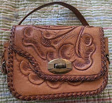 Vintage Brown Hand Tooled Genuine Leather Purse Hand Bag Made In Mexico