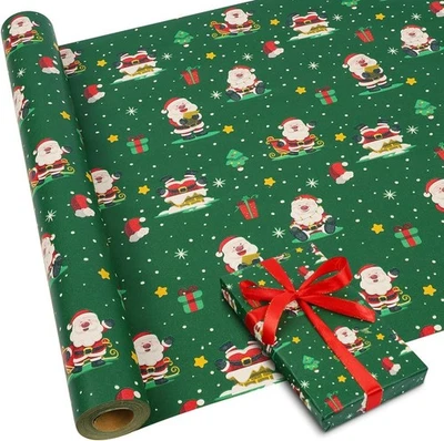 DOJOYKEY 16M Green Gift Wrapping Paper Roll, 43cm Recyclable Kraft Wrapping Paper Santa
