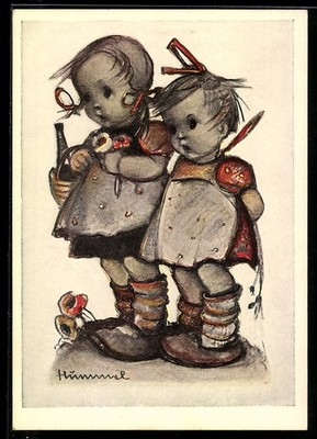 Artist postcard Hummel: two well-wishers with flowers and wine bottle 