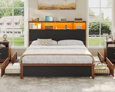 T/F/Q Bed Frame with 4 Storage Drawers & 2 Tier Storage Headboard,Fluted Led Bed