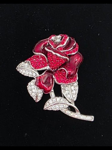 Nolan Miller Red Rose Brooch with Silver-Tone Crystal Leaves