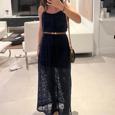 Women small Navy blue maxi dress stretchy lace fabric adjustable straps lined