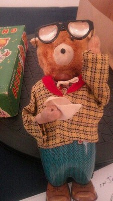 1950'S ALPS JAPAN BRUNO THE SPECTACLE BEAR IN ORIG BOX WIND UP WORKING!