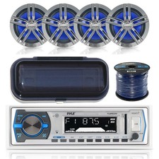 Bluetooth Pyle USB Marine Radio,4 Charcoal 6.5"Speakers,50 FT Speaker Wire,Cover