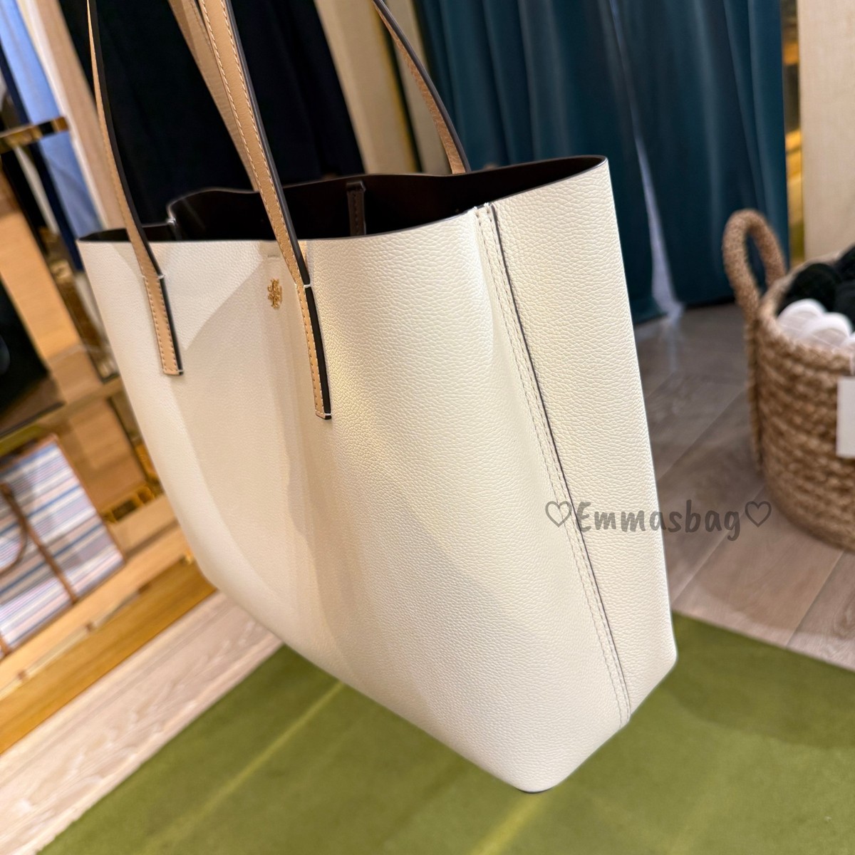 Tory Burch Blake Center Zip Tote 175947 Warm White / Classic Cuoio
