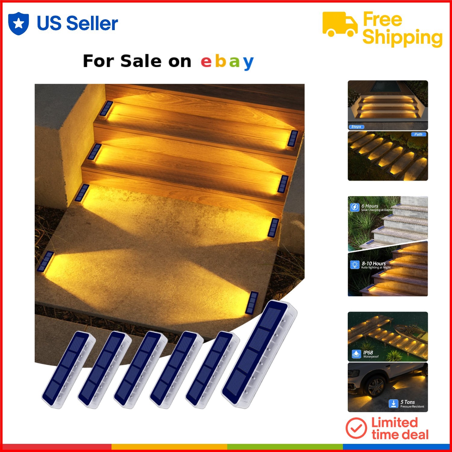 Solar Step Lights 6 Pack Waterproof Outdoor Path Way Deck Stairs Walkway