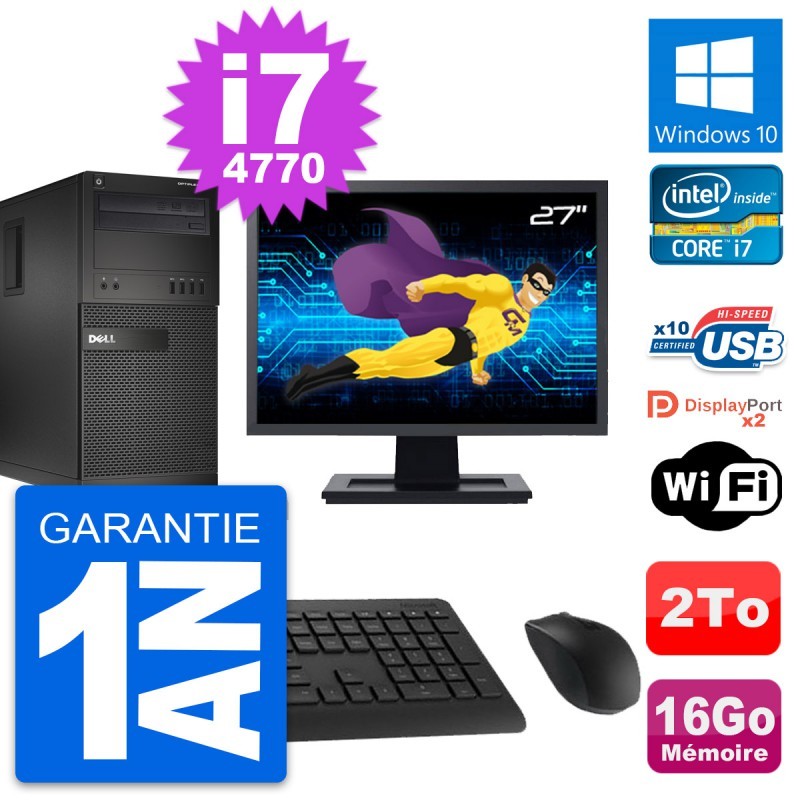 PC Tour Dell XE2 MT Ecran 27" Intel i7-4770 RAM 16Go Disque 2To Windows 10 Wifi