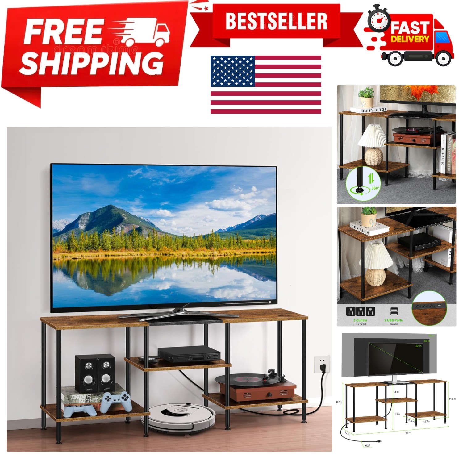 TV Stand for Bedroom 50 Inch TV Stand with Power Outlet 3 Tier Entertainment ...