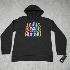 Adidas Hoodie Teens L 14/16 Black Multi Pullover Cotton Blend New