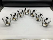 Set 7 Vtg MCM Anchor Hocking Atomic Starburst Glasses Black Gold