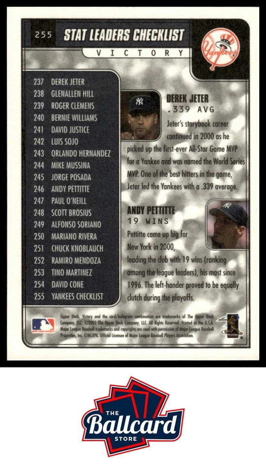 2001 Upper Deck Victory #255 Derek Jeter / Andy Pettitte - Image 2 of 2