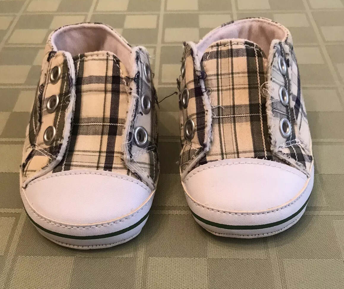 Target Infant Boys Size 3 Plaid Blue Navy Cream Slip On Shoes