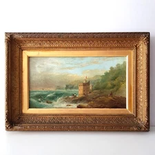 Rocky coastal landscape with a castle and lighthouse