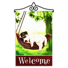 Garden Flag Welcome Sleeping Puppy 12x18IN  Hanger 14IN Printed Poly