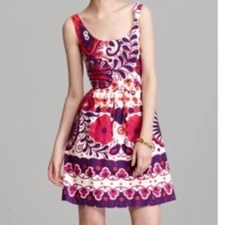 Trina Turk Sky Floral Scoop Neck Fit Flare Dress sz 0 00 Boho Cotton Jewel