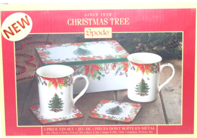Spode Christmas Tree Poinsettia Mug Coaster Storage 5 pc Tin Gift Set NEW 
