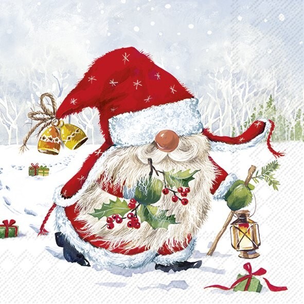 4 x Paper Napkins/33cm/3Ply/Decoupage/Snow/Little Gnome at Christmas Time