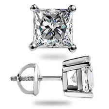 3 Ct Princess Cut GRA Real Moissanite Stud Earrings Solid 14K White Gold Gift