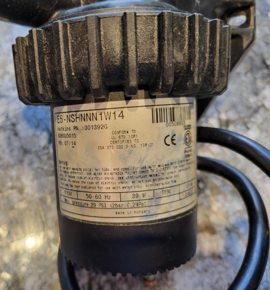 Watkins E5 Low Flow Hot Tub Circulation Pump (301392G) E5NSHNNN1W14