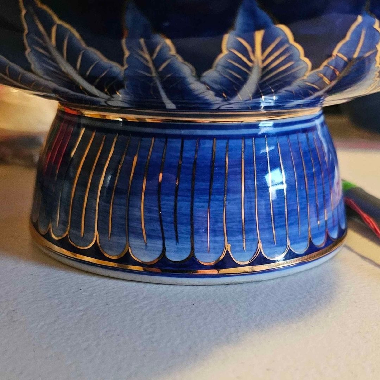 Vintage Handpainted Gilded Gold Cobalt Chinese Lotus & Peony Flower