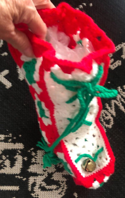 MCM New Vtg LARGE GRANNY SQUARE Crochet XMAS Handmade STOCKING Boot Red Green