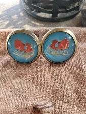 Bridle Rosette's Red Sleigh blue  background 2 in brass and glass