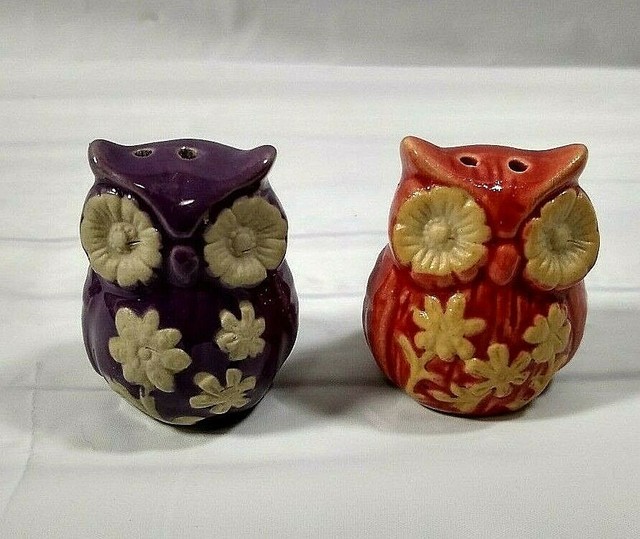 Owl Salt Pepper Shaker Cracker Barrel Mini Sanctuary Garden Bird Purple