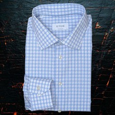 Eton Contemporary Blue Micro Floral Check Shirt 18 46 Luxury Cotton Business