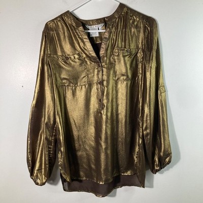 Womens Fred David Gold Metallic 1/2 Button Pullover Shirt S Polyester