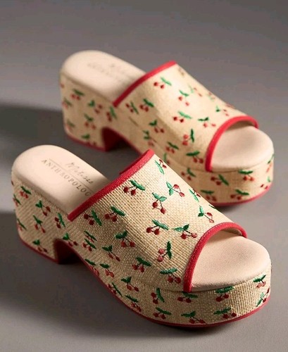 Matisse Anthropologie Embroidered Cherry Cork Platform Wedge Slide Sandals Terry