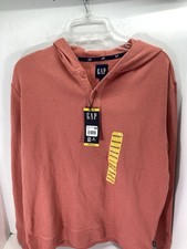 Gap Waffle Henley Hoodie Shirt Men Medium Coral Long Sleeve Pullover Casual NWT