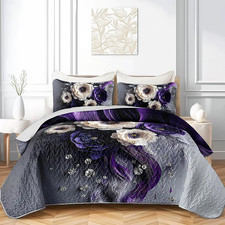 Cute Flower Print Kids Quilt Set - Purple Bedding for All Seasons, Full/Queen