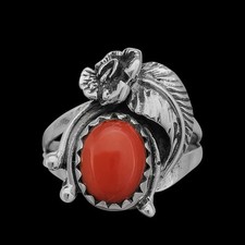 Size 6.5-925 Sterling Silver Floral Red Coral Cabochon Ring, Leaves  Flower...
