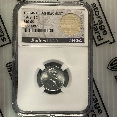 1943 1c Penny MS65 Steel Cent NGC Bullion + Label with Original Bag Fragment