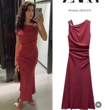 ZARA NEW WOMAN MIDI DRESS GOLDEN APPLIQUÉ ASYMMETRIC GATHERED RASPBERRY 8535/312